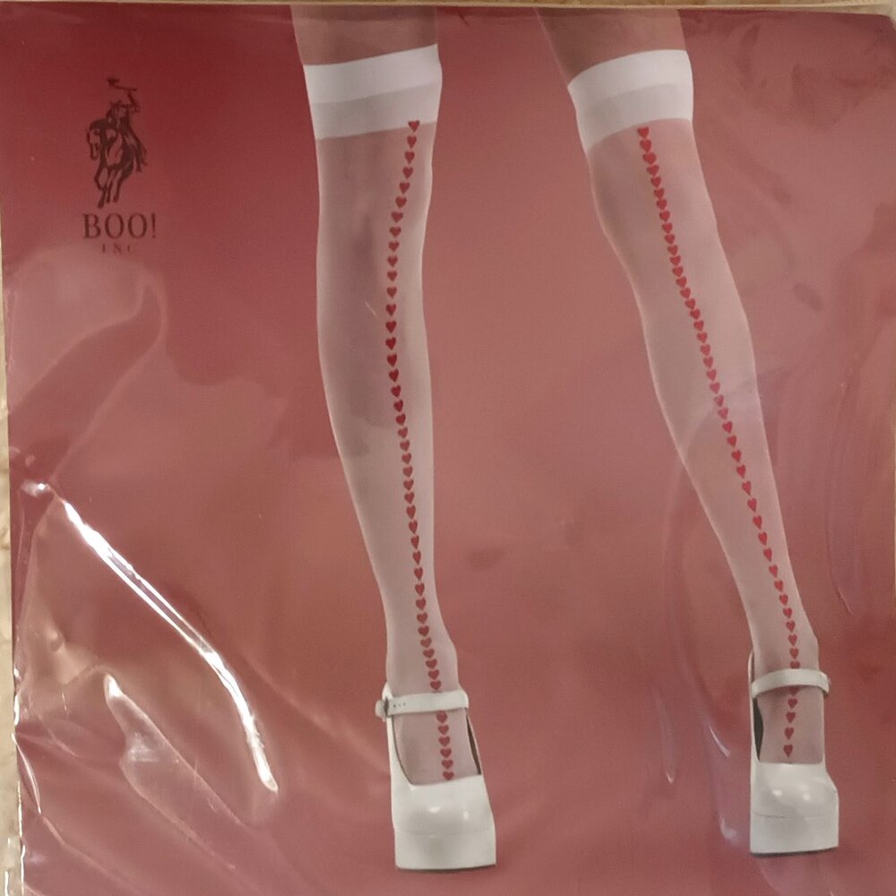NWT ~ Boo Inc. Brybelly White with Red Hearts Thigh High Costume Tights
